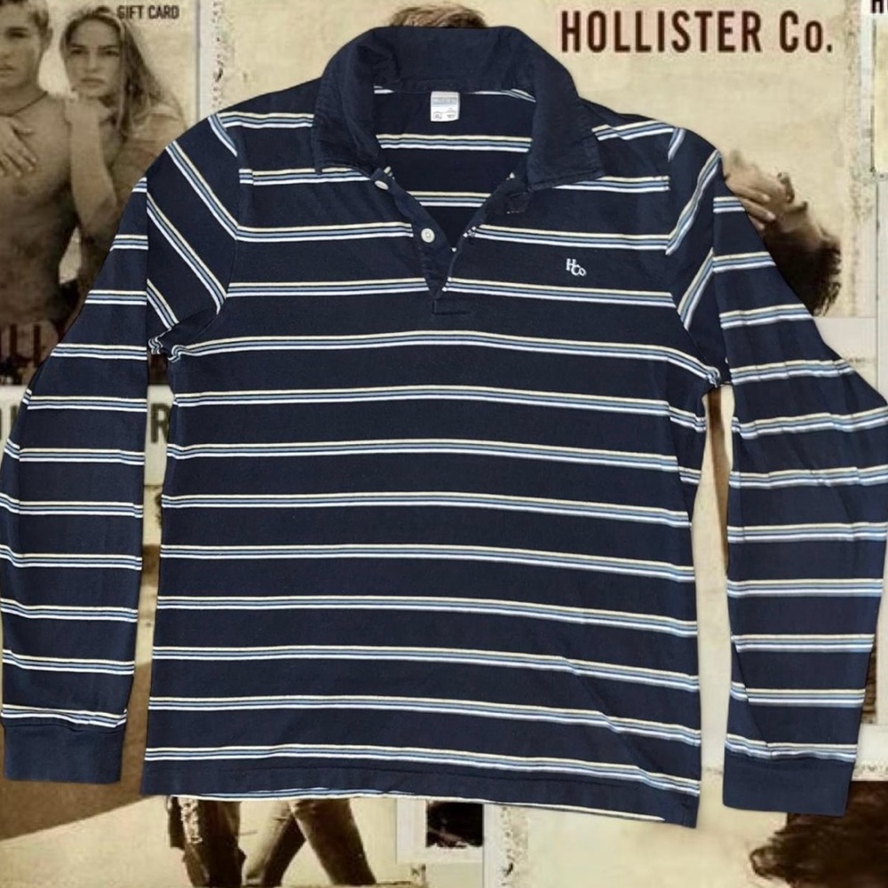 VINTAGE RARE HOLLISTER CO Men's Dark Blue Striped Button Polo Shirt